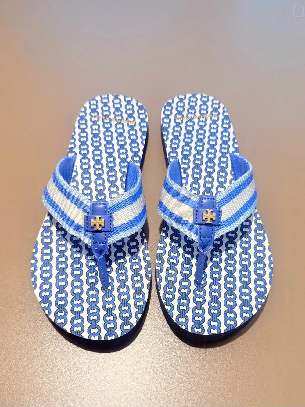 Tory Burch Gemini Link Stripe Fabric Flip Flop Blue White Size 8